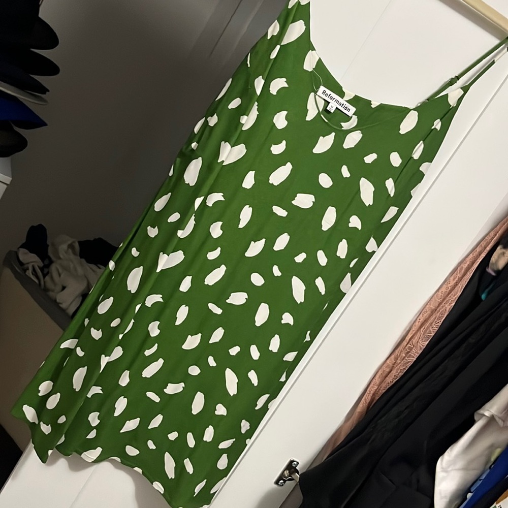 Reformation Green and White Spotted Mini Dress